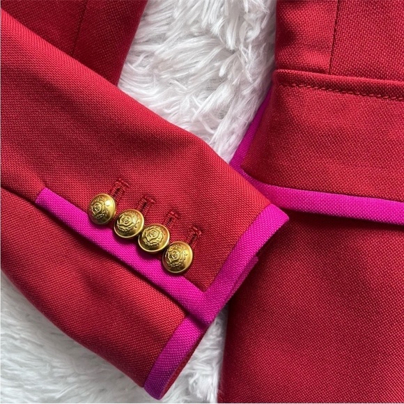J. Crew | RARE ✨ Red With Hot Pink tipped Trim Wool Rhodes Blazer Size 4 - Picture 8 of 9